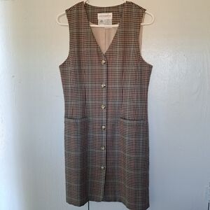 Vintage Liz Claiborne Wool V-neck Tweed Check Jumper Shift Dress Pockets SZ 6P